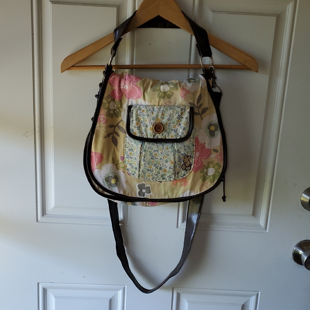 Disneyland Floral Patchwork Shoulder Bag w/ Micky Outline Embroiderd on Front